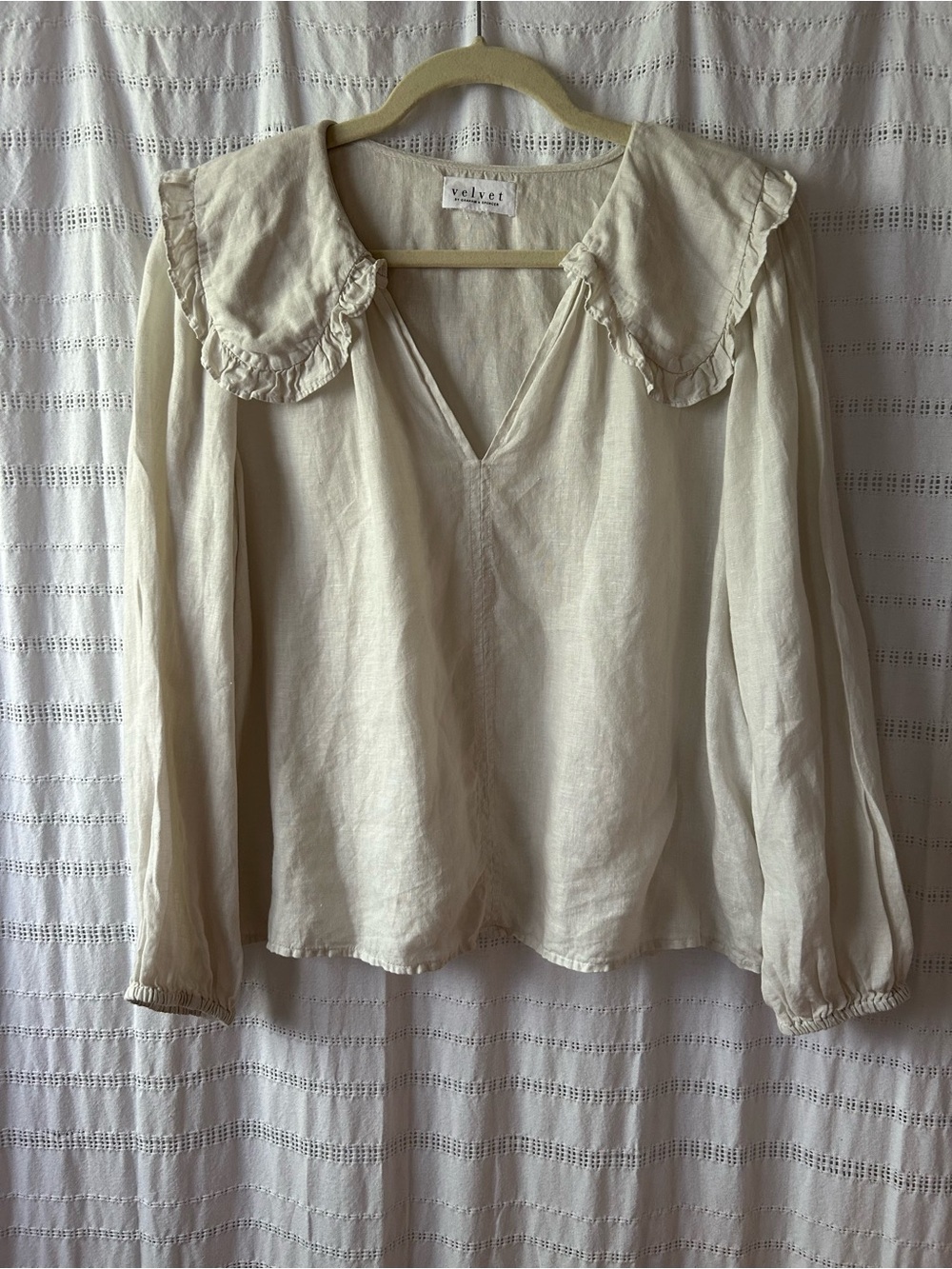 Velvet Cream Ruffle Collar Long Sleeve Linen Blouse